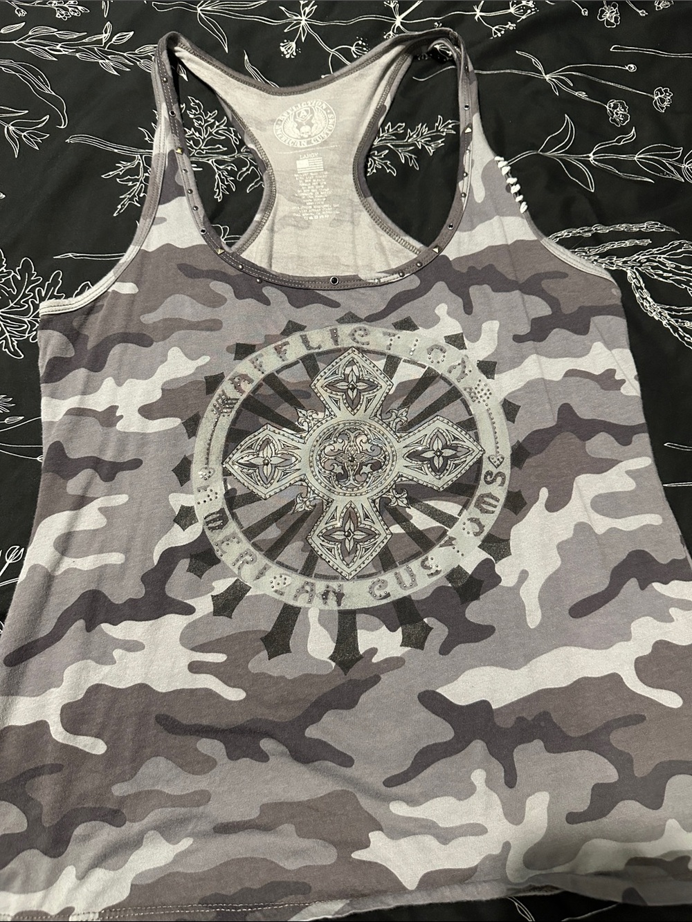 Affliction Gray Camouflage Racerback Tank with Studded Cross Graphic